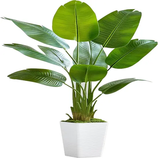 Lifelike Bird of Paradise Silk Artificial Plant Faux Banana Leaf Tree for Home Decor - Perfect Indoor Floor Plant with 9 Trunks (1, White Tall Planter, 5 FT) {1}