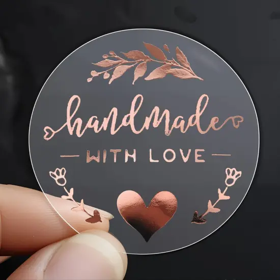Rose Gold Foil Stickers Handmade With Love Foil Transparent Labels Small Business Stickers Craft Labels, 100 Pcs/Lot, 1.6 inch {1}