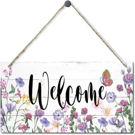 Welcome Decor Sign, Hanging Wood Sign Home Decorative, Printed Wood Wall Art Sign, Flower Welcome Sign, Yard Garden Welcome Sign, Porch Decor Sign, Farmhouse Front Door Decor Sign 12 * 6inch {1}