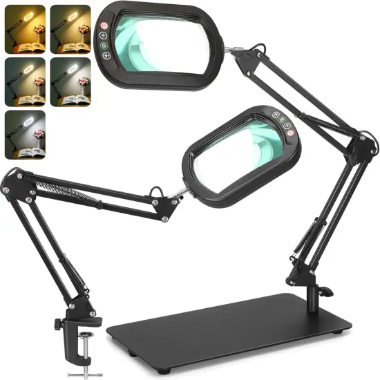 10X Rectangle Magnifying Glass with Light and Stand, 5 Color Modes Stepless Dimmable, 2-in-1 LED Lighted Desk Lamp & Clamp, Hands Free Magnifier for Reading Crafts Repair Painting Close Work {1}