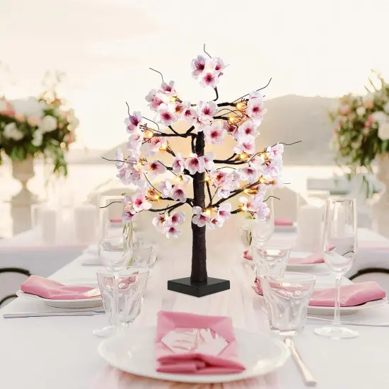 24IN Lighted Cherry Blossom Tree 24 Warm White LED Tabletop Artifical Bonsai Tree with Timer Battery Operated for Wedding Party Spring Christmas Home Indoor Japanese Room Decor {6}