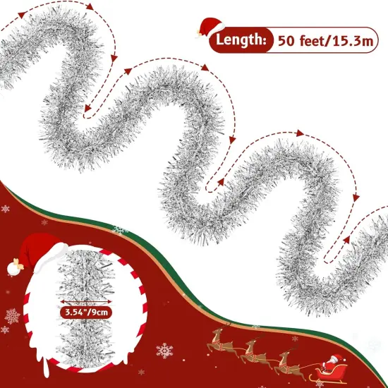 50 Feet Christmas Garland, Non-lit Soft for Indoor Decor or Outdoor Use, Premium Quality, for Party Decorations, Stairs, Railing, Closets, Windows, Birthday Party (Silver) {2}