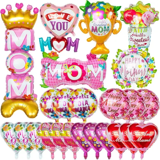 24 Pcs Mothers Day Balloons, Happy Mother's Day Mylar Balloon, Feliz Dia Mama Foil Balloons for Best Mom Ever Mom Party Birthday Decorations Supplies {1}