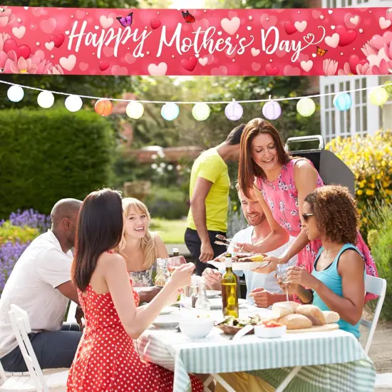 Large Happy Mother's Day Banner Decorations Mothers Day Yard Sign Holiday Hanging Decor 120x20 Inch Love Hearts Flowers Banner Party Supplies {5}