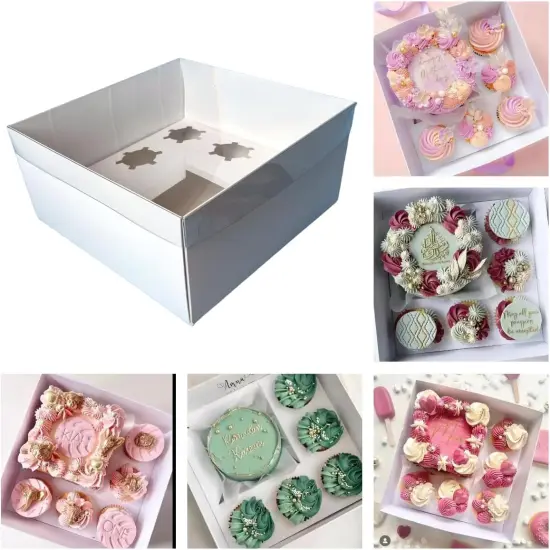 Bento Cake and Cupcake Box 4-inch Cake and 5 Cupcakes Box Full Clear Cover 5 Sets for Family Dinner Birthday Party Picnic Gift {1}