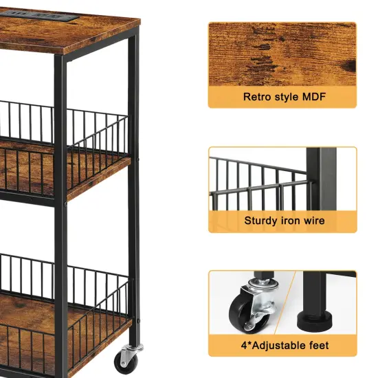 Industrial End Table with Storage Shelf & Charging Station Lockable Wheels, Sturdy Wood & Iron Mesh Nightstand for Bedroom, Living Room, or Office {3}