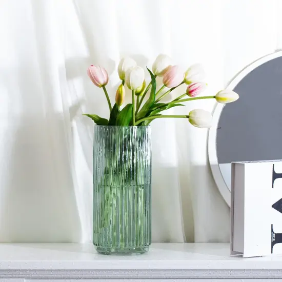 Flower Vase 7.6 Inch Green Thickened Glass Vase for Lego Flowers,Bookshelf,Dinner Table,Office Desktop,Meeting Room,Bathroom,Countertop,Home Christmas Day Decoration {3}