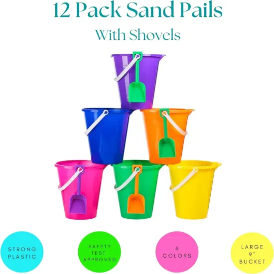 4E's Novelty 12 Pack Large Sand Bucket with Shovel &ndash; 9" Beach Bucket Set for Sand Castle Toys & Beach Essentials for Vacation {6}