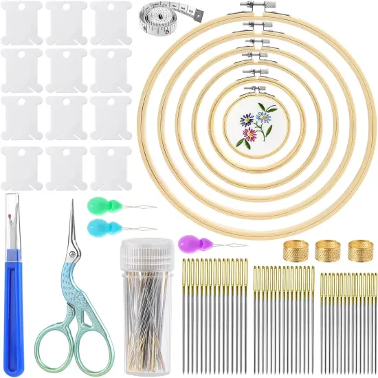 72 Pcs Cross Stitch Supplies, Embroidery Hoops Kits with 6 Pcs Embroidery Hoops, Embroidery Needles, Vintage Scissors, Floss Bobbins and Seam Ripper, Cross Stitch Kit for Beginners Craft Sewing {1}
