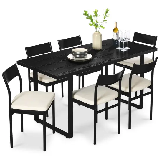 Best Choice Products 7-Piece Modern Industrial Dining Set, Table w/6 Upholstered Chairs Black/Ivory {1}