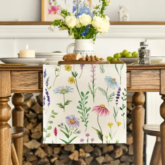Wildflowers Floral Eucalyptus Spring Table Runner, Seasonal Summer Kitchen Dining Table Decoration for Home Party Decor 13x72 Inch {2}