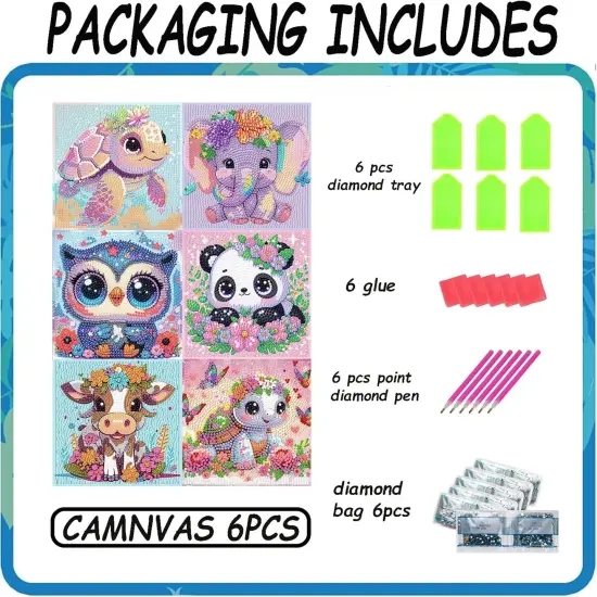 6 Pack 5D Cartoon Diamond Painting Kits for Kids Beginners,Cute Animals DIY Diamond Art Kit for Kids {4}