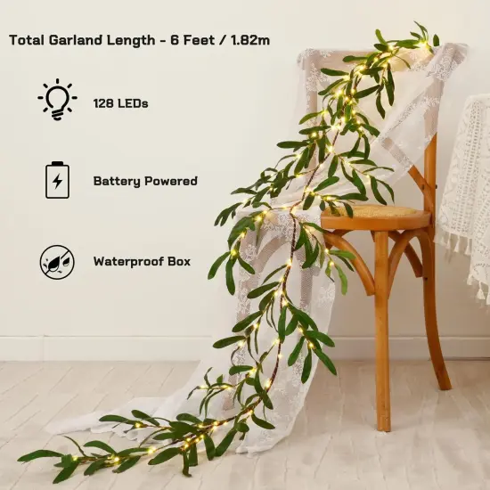 Olive Garland with Lights, 6FT Lighted Mantel Decor with Timer, Artificial Spring Greenery Pre-lit Twig Decor for Mantle Fireplace Wedding Stairs {2}