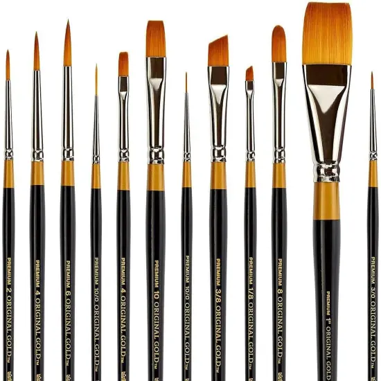 Premium Original Gold Series Handcrafted Golden Taklon Multimedia Artist Brushes, Gift Box, Set of 12, Black Glosss Handle, for Oil, Acrylic, Watercolor & Gouache Paints {5}