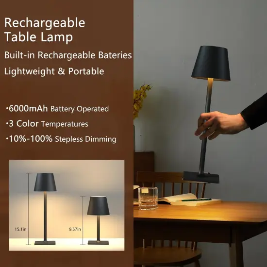 Cordless Table Lamp Rechargeable Lamps: 6000mAh Battery Operated Table Lamp Outdoor Waterproof, Touch Control, Portable Wireless Desk Lamp for Dinner/Bedroom/Restaurant(Black 2 Pack) {4}