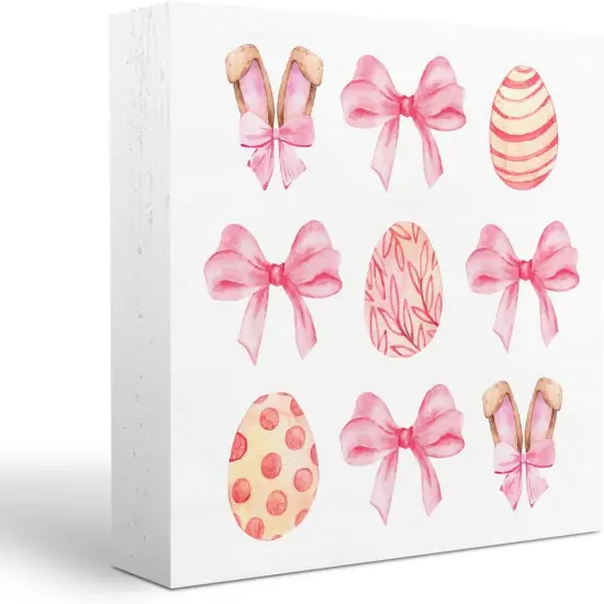 Pink Bunny Decor Easter Decorations Easter Decor Pink Bow Decor Home Farmhouse Office Bedroom Garden Decor Easter Eggs Hunt Wooden Box Block Plaque Wooden Box Sign for Desk Table Bookshelf Tabletop {1}