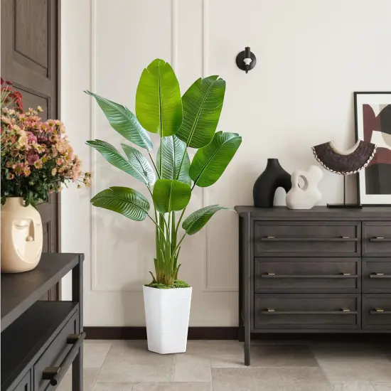 Lifelike Bird of Paradise Silk Artificial Plant Faux Banana Leaf Tree for Home Decor - Perfect Indoor Floor Plant with 9 Trunks (1, White Tall Planter, 5 FT) {5}