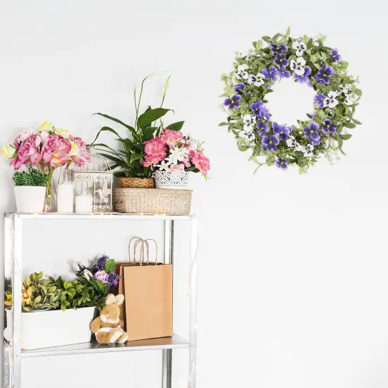 Spring Floral Wreaths for Front Door Summer Wreath with Purple Pansy Flowers Green Eucalyptus Leaves {4}