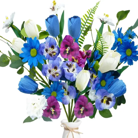 6 Pcs Spring Flower Bouquet Fake Tulips Wildflower Pansy Artificial Flowers {1}