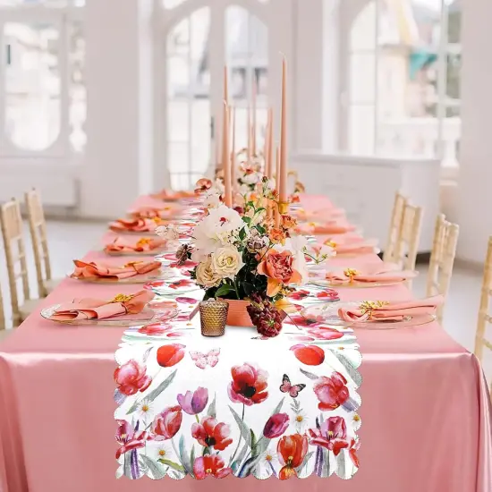 Spring Floral Table Runner with Red Tulip and Butterfly Design &ndash; Elegant Spring and Summer Table D&eacute;cor, Scalloped Edges for Dining and Coffee Table Centerpiece Decoration &ndash; 72 Inches Long {5}