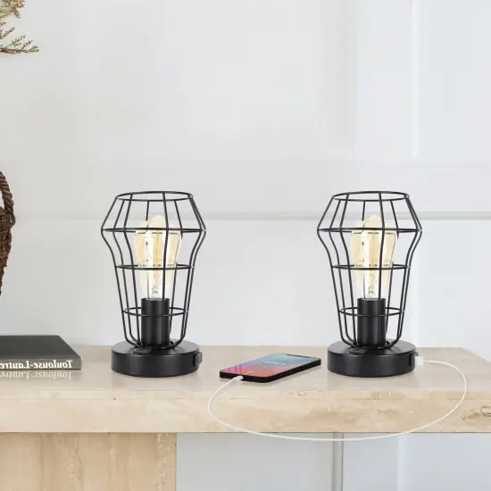 2PCS Industrial Cage Desk Lamps Vintage Table Lamps with Dual USB Ports & AC Outlet, UL-Certified Steampunk Bedside Lights for Office, Bedroom, or Gift {4}