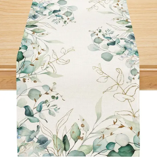 Spring Summer Table Runner, Spring Summer Decorations Off White Eucalyptus Leaves Green Table Runner Seasonal Summer Decor for Home Holiday Party Decor Dining Table Decoration (13" x 72") {1}