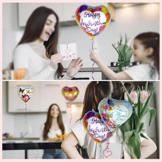 30 Pcs Happy Mother's Day Balloons Party Decorations, 18 Inch Heart Love You Mom Balloons, Colorful Mylar Foil Balloon with Ribbon for Mother Grandmother Birthday Supplies, Meaningful Mother's Day! {5}
