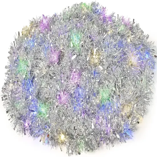 33FT Prelit Christmas Tinsel Garland Silver Metallic Twist Tinsel Garland with LED Lights Battery Operated Hanging Garland Decoration for Christmas Tree Stairs Mantle Decoration {2}