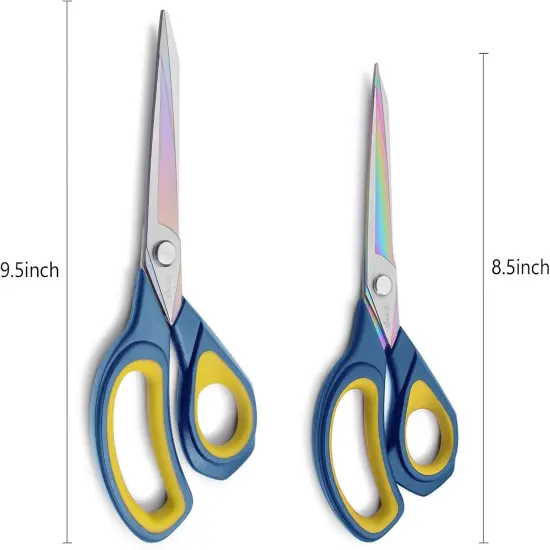 2 Pack Sharp Fabric Scissors - Heavy Duty Scissors All Purpose, Titanium Coated Forged Sewing Shears for Tailor Dressmaking Crafting Cutting Clothes Leather, 8.5" & 9.5", Blue & Yellow {2}