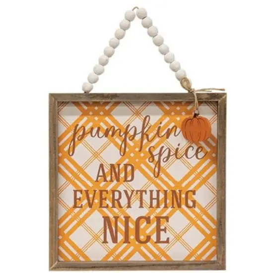 9.75" Pumpkin Spice Framed Wooden Sign with Beaded Hanger Autumn Seasonal Wall Decoration {1}