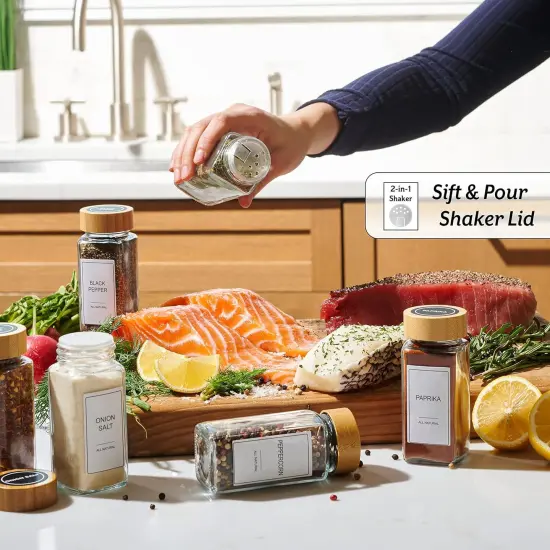 Glass Spice Jars with Label Set, Bamboo Lids & Funnel - Kitchen Airtight Storage Jars with Lids - Spices and Seasonings Sets Organizer, Spice Glass Jar with Lid Food Canister Bottle Sugar Shaker {4}