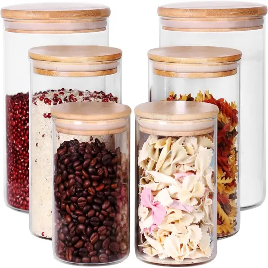 Glass flour Jars with Airtight Lids, 6 Pack Sugar and Flour Salt Containers Set, Extra Large Glass Rice Jar with Bamboo lid for Kitchen, Brown Suger, Beans, Groub Coffee (100OZ/54OZ/27OZ) {1}