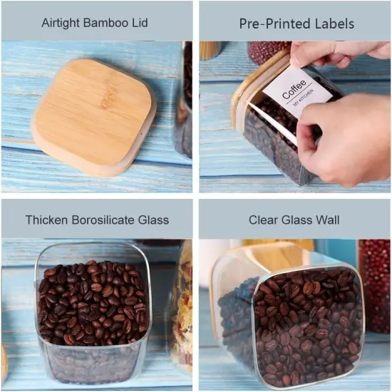 Glass Storage Canister with Wooden Lid, Set of 7 Square Glass Jars with Bamboo Lids, Glass Food Storage Containers for Pasta, Cereal, Flour, Sugar, Best for Kitchen & Pantry {3}