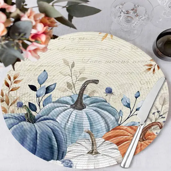 Fall Round Placemats Set of 4 Thanksgiving Blue Pumpkin Place Mats(Blue Pumpkin) {3}