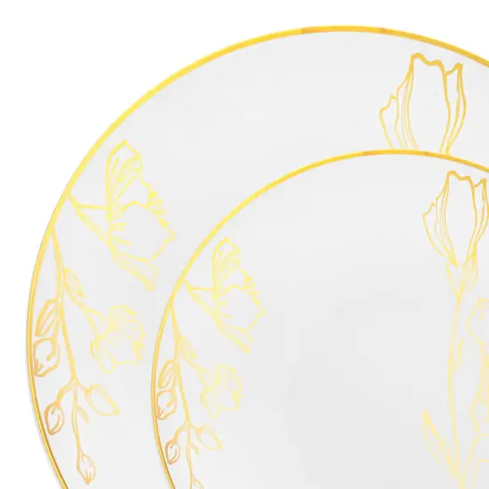 White with Gold Antique Floral Round Disposable Plastic Dinnerware Value Set (120 Guests) {1}