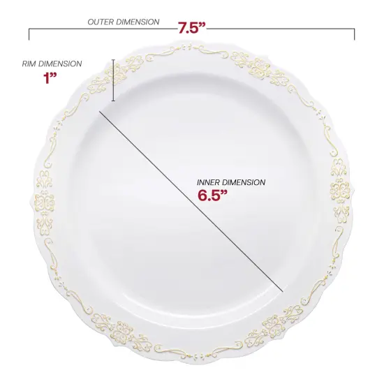 White with Gold Vintage Rim Round Disposable Plastic Appetizer/Salad Plates - 7.5" (120 Plates) {3}