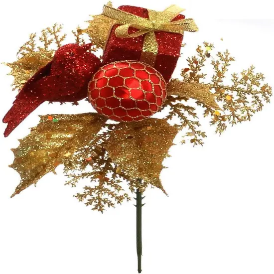 12-Pieces Artificial Gold Flower Leaf Christmas Tree Picks Decoration - 12 Picks with Red Gift Box, Bird, and Christmas Ball Ornament Decor {2}