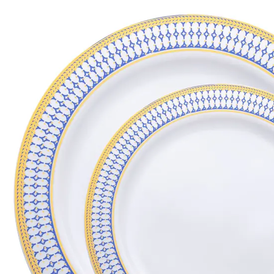 White with Blue and Gold Chord Rim Plastic Dinnerware Value Set (120 Guests) {1}