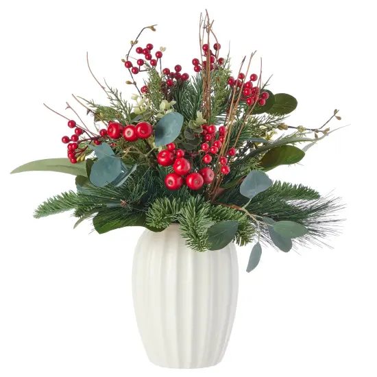 Christmas Magnolia Leaf, Eucalyptus, and Berry 19in Arrangement in Ceramic Pot {1}