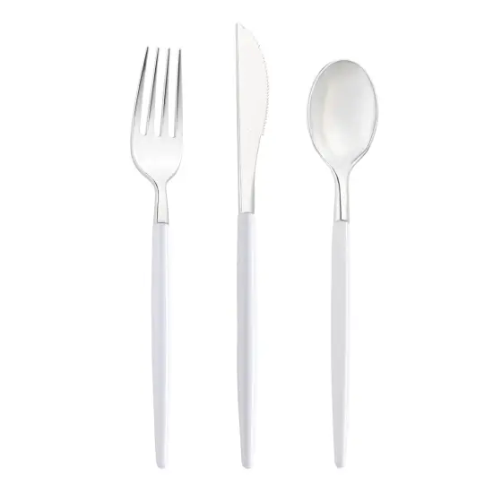 Silver with White Handle Moderno Disposable Plastic Cutlery Set (240 Guests) {1}