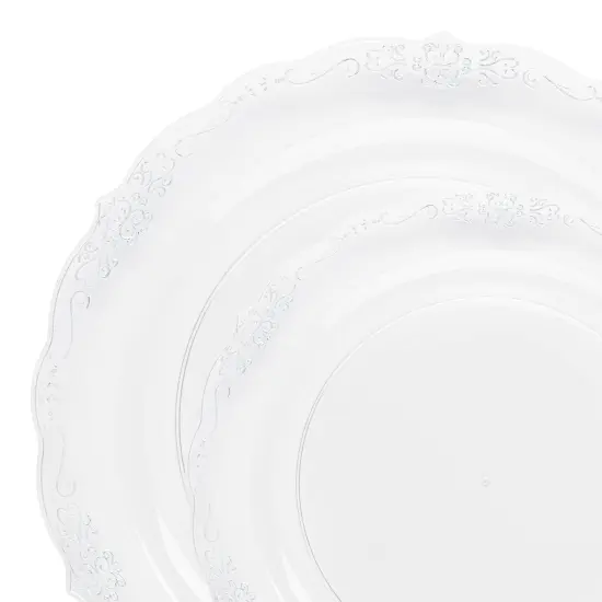 Clear with Silver Vintage Rim Round Disposable Plastic Dinnerware Value Set (120 Guests) {1}