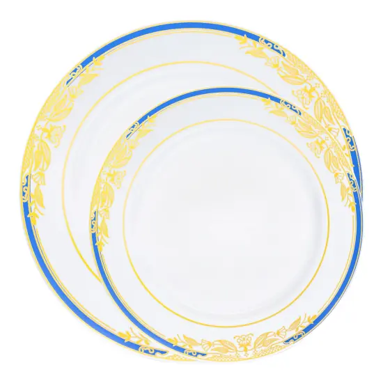 White with Blue and Gold Harmony Rim Plastic Dinnerware Value Set (120 Guests) {2}
