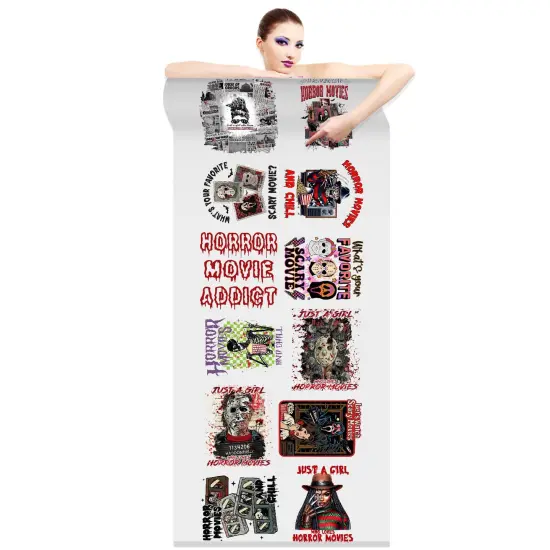Girl Who Loves Horror Movies DTF Transfer 22x60 Direct-to-Film Gang SheetsIron On Transfers - 12 Adult Prints {2}