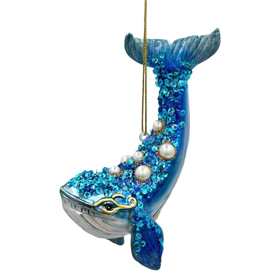 Dazzling Blue Whale Glass Ornament, Glitter and Rhinestones Christmas Decor {1}
