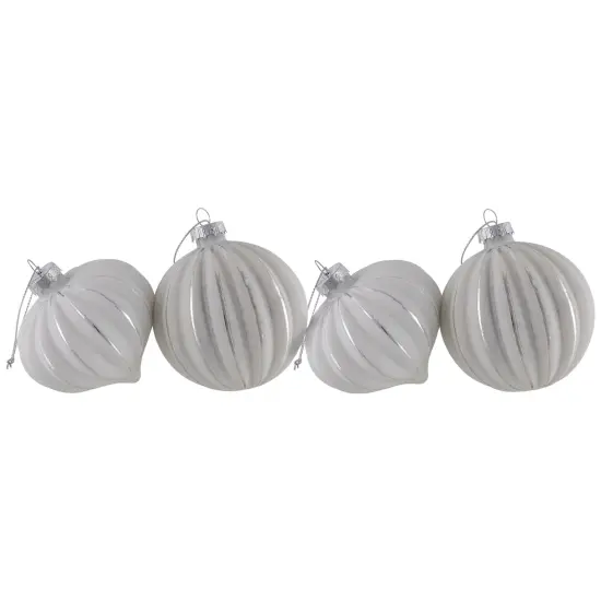 Northlight Striped Ball and Onion Glass Christmas Ornaments - 3" (80mm) - White and Silver- 4ct {4}