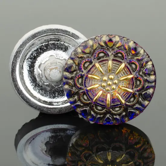 18mm Round Lacy Flower Purple/Blue Iridescent Antiqued with Gold Paint -- Czech Glass Buttons {2}