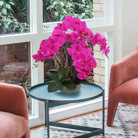 20" Fuchsia Phalaenopsis Orchid in Round Grey Pot &ndash; Beautiful Artificial Flowers with Natural Leaf Details, Elegant Decor for Homes, Offices, and Special Occasions {1}