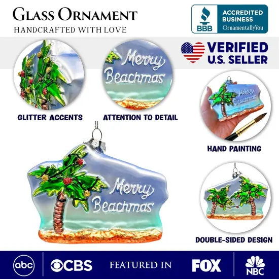Merry Beachmas Christmas Palm Tree Glass Ornament, Xmas in July Tropical Decor {3}