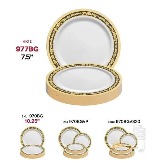 White with Black and Gold Royal Rim Plastic Appetizer/Salad Plates - 7.5" (120 Plates) {6}