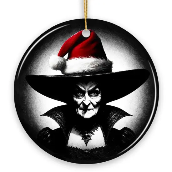 Spooky Witch with Santa Hat Ceramic Ornament, Halloween Themed Christmas Gift and Decor Circle {7}